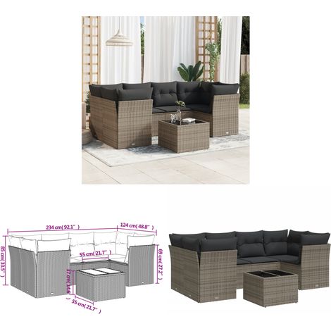 7-tlg. Garten-Sofagarnitur mit Kissen Grau Poly Rattan - Gartensortiment - Outdoor Möbel - Lounge Set - Rattan Sofa - Gartenlounge - Home & Living (1/3)