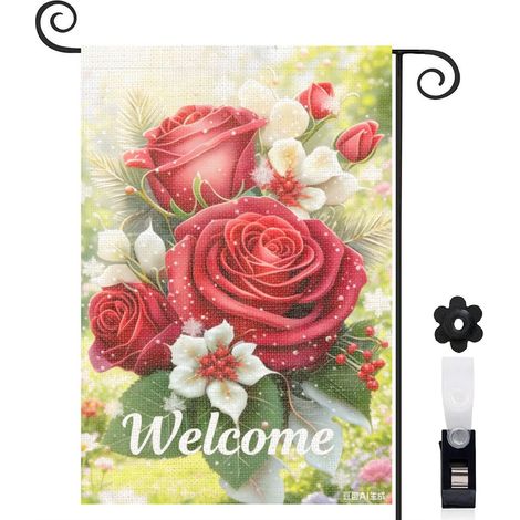 Bannière de cour Welcome et roses rouges luxueuses 30 x 45 cm décoration jardin et terrasse (1/5)