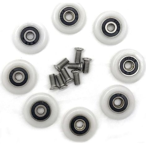 Set of 8 shower door rollers, 23mm – Plastic rollers – M5 x 20mm stainless steel screws – For glass doors (1/4)