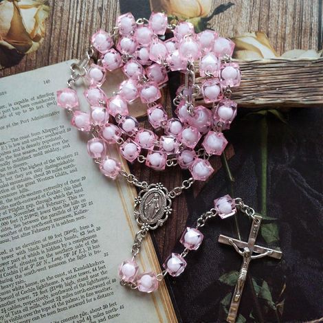 Carré rose pour chapelet en forme de croix, décoration pour la maison ou la chambre à coucher, église sainte (1/4)