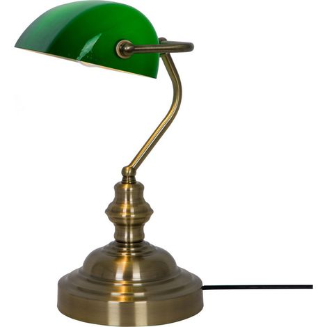 Zuma Line Edes Classic Banker Desk Table Lamp, Vintage Antique Brass Metal Base with Green Glass Shade, E27 Socket Max 60W, IP20 Office Study Reading Light, 35cm Height