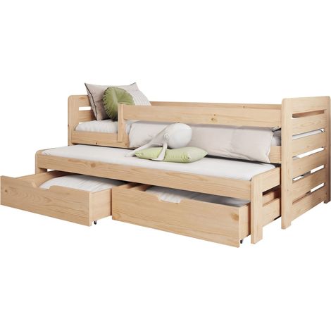 Cama Henderson 127, Pino, Individual con una cama supletoria-nido, Individuales, 90x200, 90x190, Madera, Somieres, 97x205x77cm (1/3)