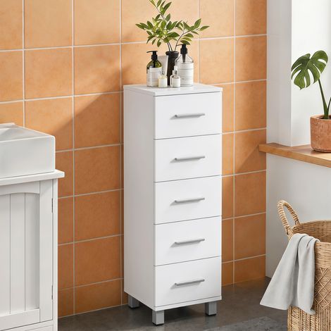 Meuble de Salle de Bain 5 Tiroirs, Meuble de Rangement, 30 x 30 x 95 cm, Commode Salle de Bain, 30 x 30 x 95 cm, Blanc (1/5)
