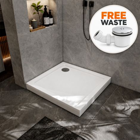 Low Profile 800x800mm Square Stone Shower Tray with Riser Kit & Waste Trap for Walk In Wet Room (1/5)