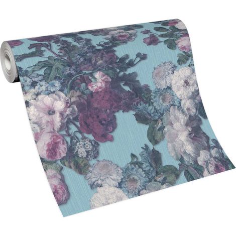 Papier peint fleur vintage bleu & violet | Tapisserie fleurie rétro chambre adulte | Papier peint intissé motif floral pour salon (1/3)
