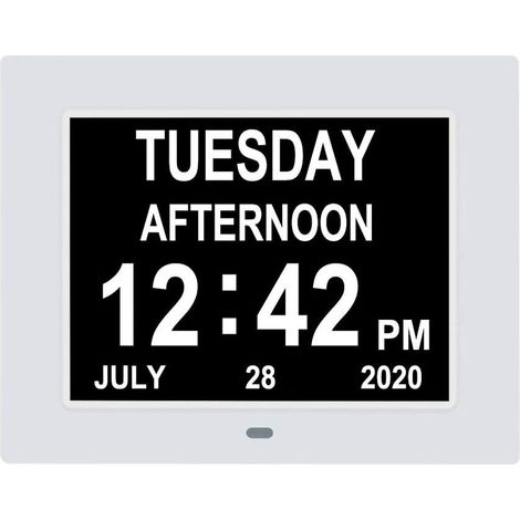 Digital Calendar Clock, Extra Large Day Clock, Date, Time and Day of the Week, Dementia Clocks for Visually Impaired Seniors with Battery Backup + 8 Alarm Options - 7" White (1/5)