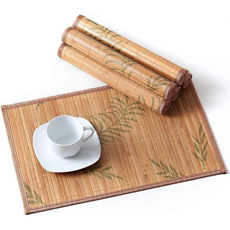 Lot de 6 sets de table bambou tissés, motif feuilles brunes, 45x30 cm, lavables et résistants à la chaleur. (1/5)