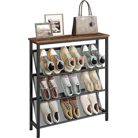 Étagère à Chaussures, Porte-Chaussures 4 Niveaux, Organisateur d’Entrée avec Plateau, entrée, vestiaire, Couloir, Marron Rustique Noir DTXJ75BF (1/5)