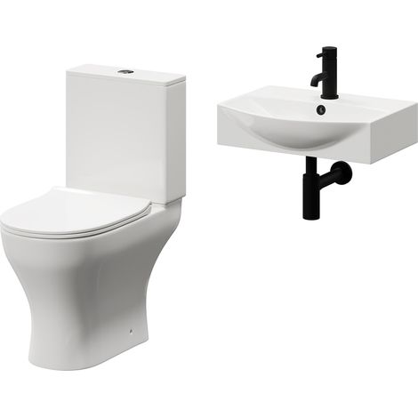 Tondela 500mm Wall Hung Basin and Toilet Suite including Round Matt Black Bottle Trap and Open Back Toilet (1/5)