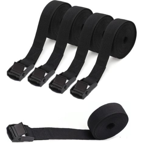 4 pièces Sangles arrimage 25mm 2m Sangles de Serrage Sangles de Fixation Noir Sangle à Cliquet Jusqu'à 250 kg Sangle Arrimage avec Boucle de Serrage pour Porte-vélos Auto Moto Cargo (1/5)