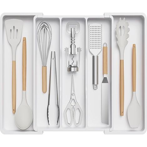 Range Ustensiles pour Cuisine, Rangement Couverts, Organisateur de Tiroir, Support l'Argenterie, Couteaux et Outils, 38 cm de Profondeur, Extensible Jusqu'à 57 cm, Blanc (1/5)