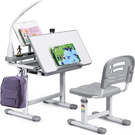 Set Sedia e Scrivania per Bambini Altezza e Angolo Regolabile e Multifunzionale,
Con Cornice per la Lettura e Lampada di Protezione per gli Occhi Colore Disponibili: Blu/grigio/rosa (1/5)