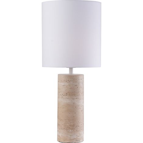 Lampe à poser en tissu et travertin D.25 x H.58 cm - Blanc et naturel - ZAPANA (1/4)