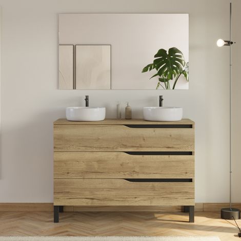 Meuble de salle de bain 120cm avec plateau et 2 vasques à poser Ares - 3 tiroirs - madera miel (bois clair) - MATA (1/5)