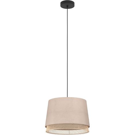 Table légère suspendue en acier noir Textile, Nature du bois, brun E27 1x40W H: 110cm Ø38cm Dimmable (1/3)