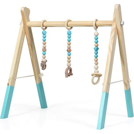 GOPLUS Portique d’Eveil Bebe Pliable en Bois, avec 3 Anneaux de Tirage de Jeu, Structure Triangulaire Stable, Arche d’Eveil pour Bebes Plus de 3 Mois, sans BPA, 60 x 44 x 60 CM (Vert) (1/5)
