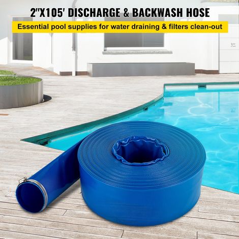 Tuyau de décharge 51 mm x 32 m tuyau plat en tissu PVC, tuyau de vidange robuste avec colliers de serrage, résistant aux intempéries et à l'éclatement pour la piscine et le transfert d'eau, bleu (1/5)