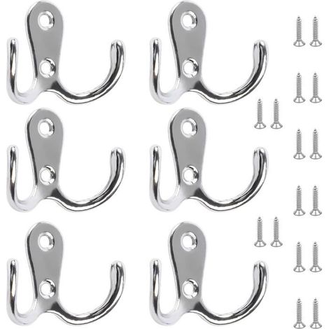 Lot de 6 patères doubles chromées avec 12 vis, pour suspendre chapeaux, cravates, vêtements et serviettes. Style rétro. (1/5)