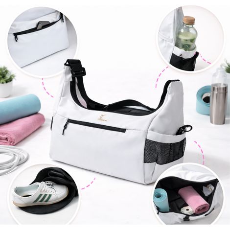Borsa sportiva da donna per la palestra, pilates, bianca, nera, tasche per l'acqua, spazio per le scarpe