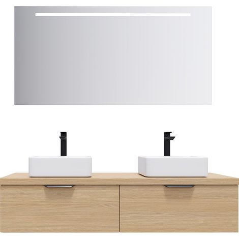 Meuble de salle de bain suspendu 2 vasques à poser 140cm 2 tiroirs Chêne clair + miroir - Soho (1/5)