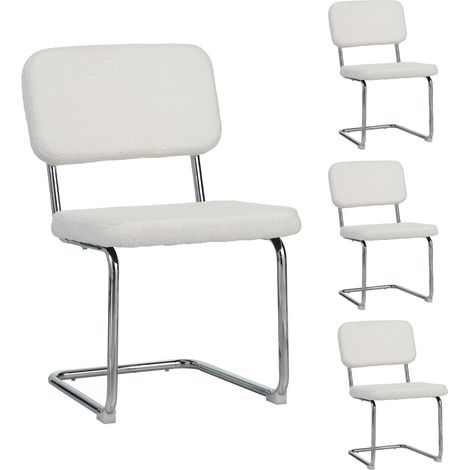 M&S – Lot de 4 chaises de repas en tissu bouclette blanc – Assise carrée – Piètement en métal chromé – Dimensions 59x52x87 cm