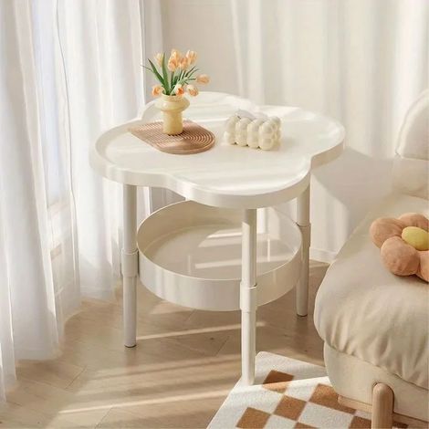 (Blanc G5233A) Table d'appoint double plateau en forme de trèfle à quatre feuilles, idéale pour canapé, chambre, salon ou balcon. (1/5)