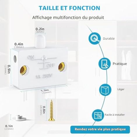 Lot de 10 interrupteurs pour portes de placard, interrupteurs d'éclairage de placard, interrupteurs tactiles pour armoire 250 V 1 A, interrupteurs d'éclairage de placard - Couleur blanche (1/4)