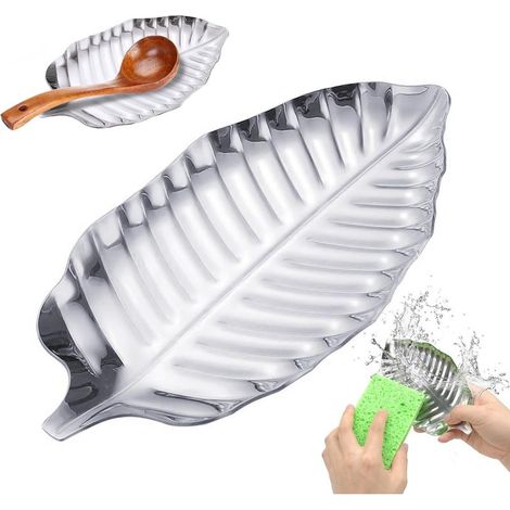 Repose Cuillère Cuisine, Porte Cuillere Cuisine en Acier Inoxydable Argent Pose CuillereCcuisson en Forme de Petite Feuille pour Louches Pinces Spatule pour Cuisinière (1/5)