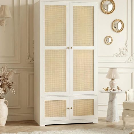 Armoire de Chambre 2 Portes avec Cannage en Rotin - Finition Laquée Blanc 90x48x180 cm - Penderie avec Tringle et Étagères - Naturel (1/5)