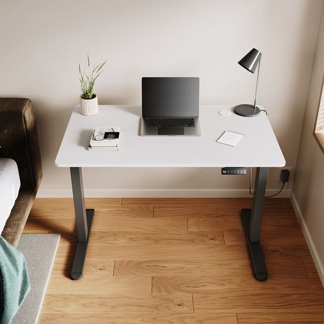 SONNI Höhenverstellbarer Schreibtisch, Stehpult, Bürstenloser Motor mit Smart Memory Funktion, Black Desk + 120cm White Table (1/5)