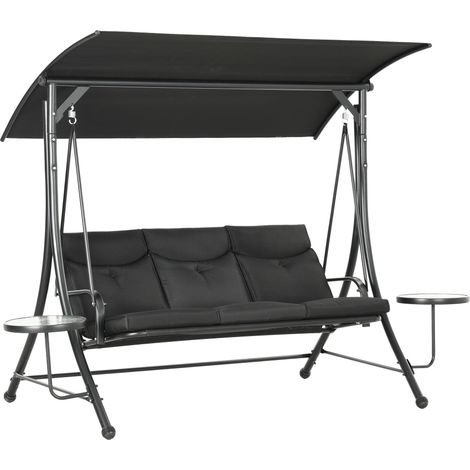 Balançoire Hollywood, banc suspendu, balancelle de jardin 3 places avec pare-soleil réglable, 278 x 135 x 177 cm, noire (1/5)