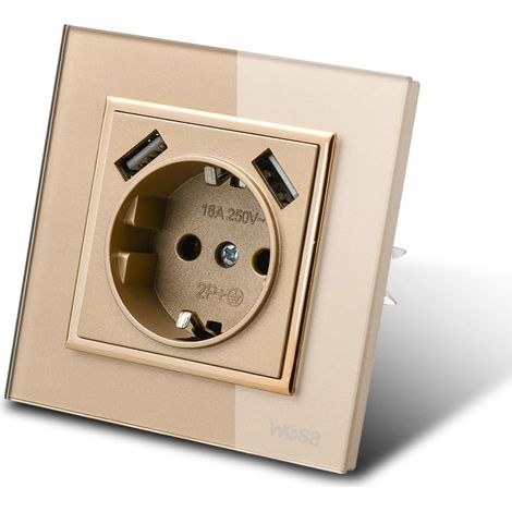 Prise Murale avec Prise Encastrable USB,2 prises USB,Prise murale d'intérieur 250V AC 16A,Prise de terre Panneau Verre Or BLJ05 (1/5)