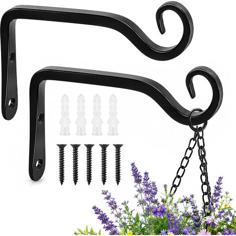 Lot de 2 crochets muraux noirs pour jardinières suspendues en fer - 14,2 cm - Pour suspendre des plantes, mangeoires, lanternes, carillons à vent (1/5)