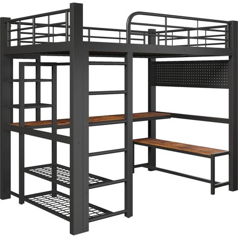 Letto a soppalco 140x200 cm in metallo nero con scrivania e LED (1/5)