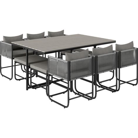 10 Seater Rattan Cube Garden Furniture Set, Rattan Dining Set with Cushions, Outdoor Dining Table Chairs with 6 Armchairs, 4 Stools, Rectangular Wood Grain Plastic Top Table, Grey (1/5)