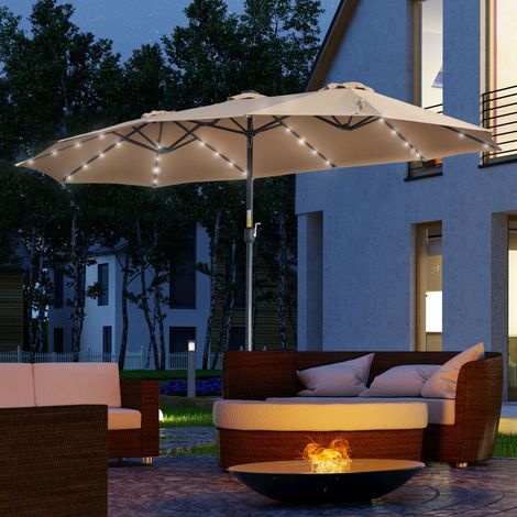 Doppelter Sonnenschirm 450 x 265 x 240 cm mit 48 LED-Leuchten, Kurbel, Sonnenschutz für Terrasse, Balkon und Pool, Khaki
