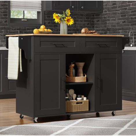 Carro de cocina 145/70/94,5 cm negro con encimera extensible, 5 ruedas y espacio de almacenaje (1/5)