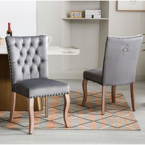Chaises de salle à manger capitonnées en velours gris, pieds en bois, lot de 2 HAVRYA (1/5)