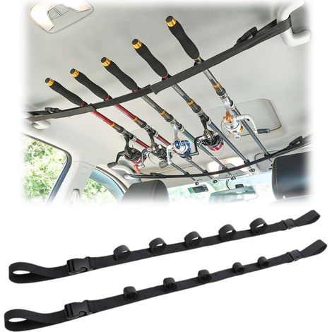 Support de Canne à Pêche - 2 Pièces - Nylon Noir - Réglable 110-155cm - Fixation Toit Voiture