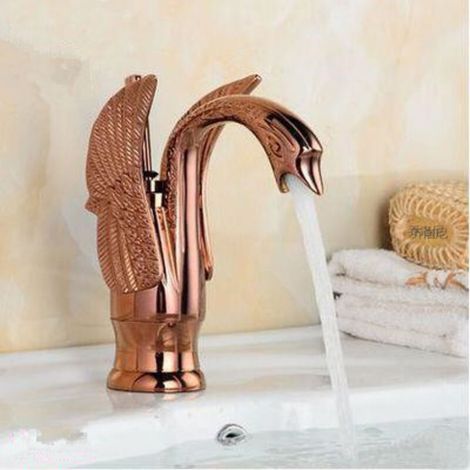 Robinet Salle de Bain Doré Laiton Massif Mitigeur Haut Robinet Lavabo Salle de Bain Robinet De Pont Monté(court,Or Rose) (1/5)