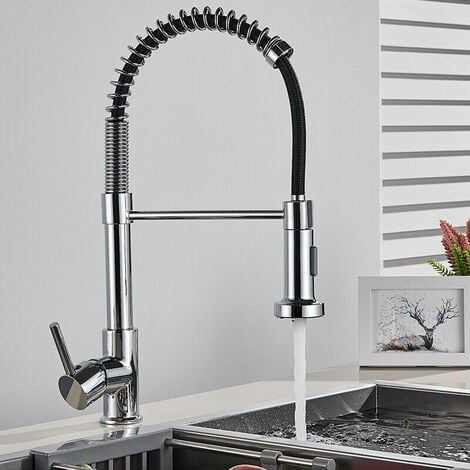 Robinet Cuisine pivotant à 360°,Robinet d'Évier à Arc Élevé pulvérisateur escamotable 2 Modes de Pulvérisation en Laiton (chromé) (1/5)