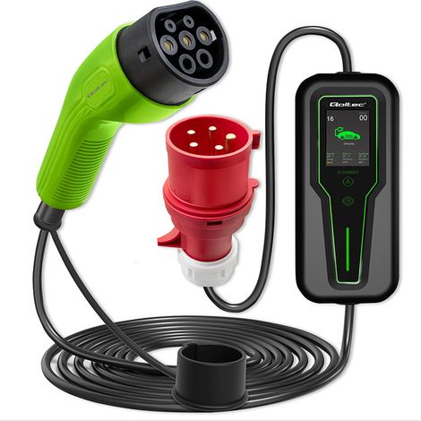 Caricabatterie mobile Qoltec per auto elettriche EV con regolazione 2 in 1 Tipo 2 11 kW Trifase LCD Portatile Wallbox 5 m (1/5)