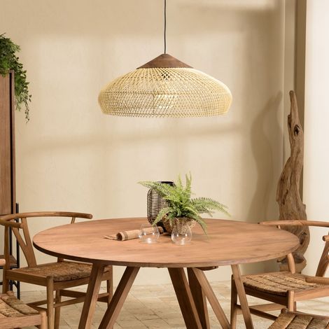 SIXTINE - Suspension 65x65cm en bois de teck recyclé et rotin beige (1/5)