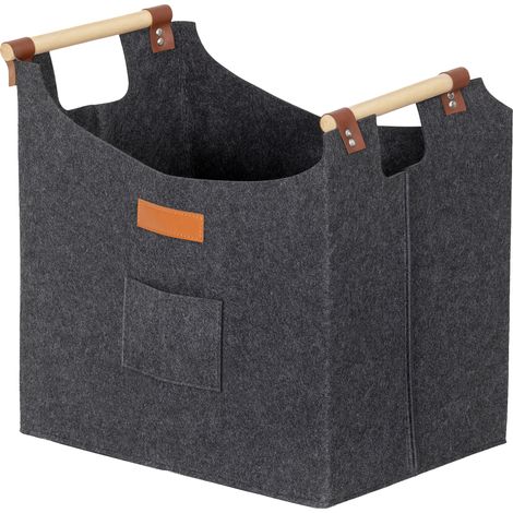 Brennholzsack aus Filz für den Innenbereich, Holzgriffe, 15 kg Fassungsvermögen, 45 x 32 x 40 cm, grau
