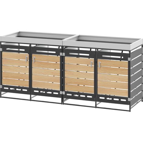 Armoire de rangement pour poubelles avec jardinière intégrée, structure en fer avec lattes effet bois horizontales, 4 compartiments, couleur noire (1/5)