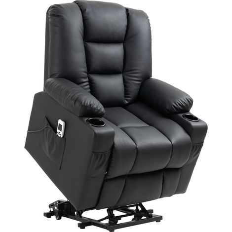 Sillón relax elevador reclinable con USB, ruedas con freno, cuero sintético negro (1/4)