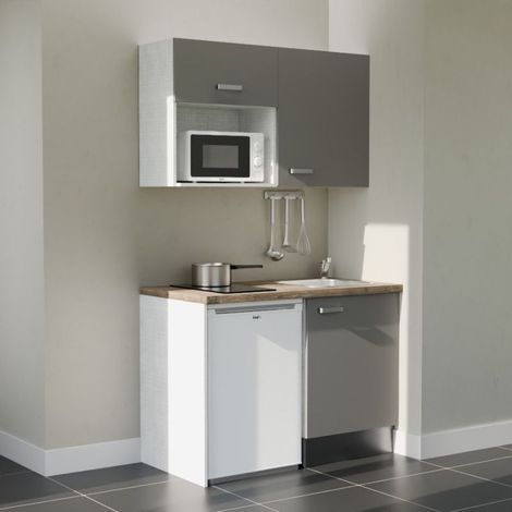 Kitchenette K07L-PT - 120 cm avec plan de travail et évier, emplacements frigo et micro-ondes - Façade Gris - Plan Bois - Evier Inox - Crédences Non