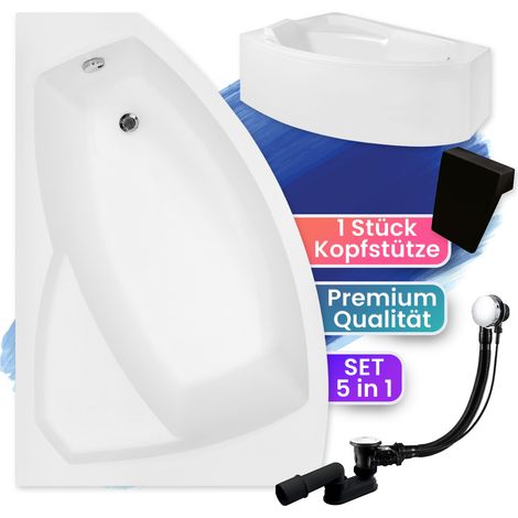 Badewanne Eckbadewanne 160x100 Links mit AcrylSchürze + Kopfstütze, Ablaufgarnitur & Füßen GRATIS - Komplettset 5in1 - Made in EU - BADLAND RIMA (1/5)