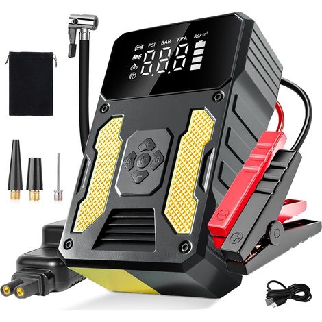 Powerpack d'assistance au démarrage avec compresseur d'air 6000A, Chargeur Portable, Booster, boîte de démarrage, Pack d'urgence, Batterie Externe avec Lampe Torche LED et Affichage LED (Jaune) (1/5)