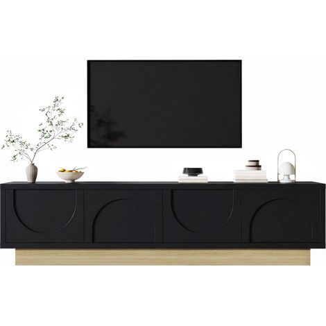 Salon moderne, meuble TV noir et effet bois 175 cm, 4 portes, design courbé sans poignées (1/5)